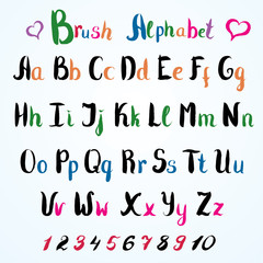 Hand drawn font. Handwritten alphabet letters and numbers