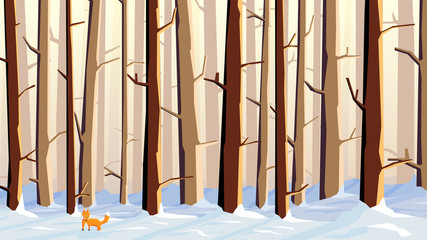 Horizontal illustration of cartoon snowy forest with fox.