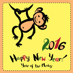 New Year Greeting Card with Hand Drawn Monkey