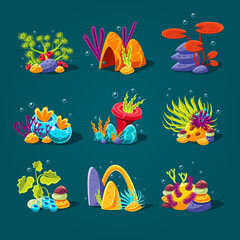 Fototapeta na wymiar Set of cartoon algae, elements for aquarium decoration