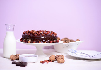 Delicious chocolate cakes with hazelnut on table with nuts, choc
