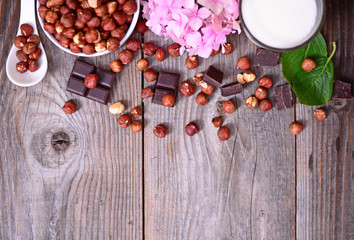 Fresh hazelnut and dark chocolate on wooden background