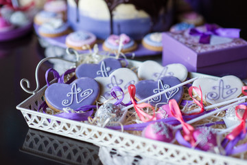 lavender cookies in a basket on the table