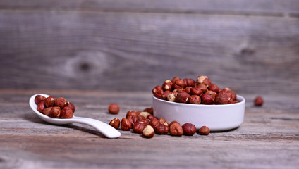 Hazelnuts on wooden table