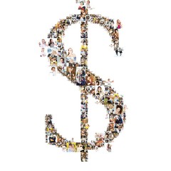 Dollar symbol formed of photos of people. Isolated on white background