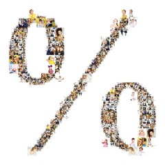 percent symbol formed of photos of people. Isolated on white background