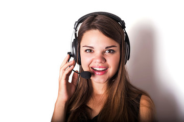 Portrait of happy cheerful beautiful young support phone operato