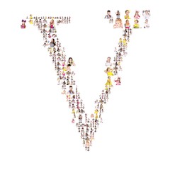 portraits of people formed capital letter of the alphabet. letter U. Isolated on the white background