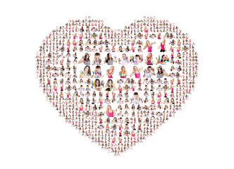 Heart of portraits of people. Photo collage of high quality. Isolated on white background