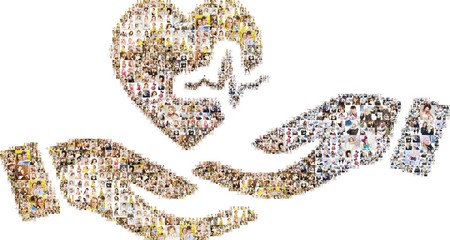 a large number of photographs of people, forms an image of the blood donation. Collage isolated on white background.