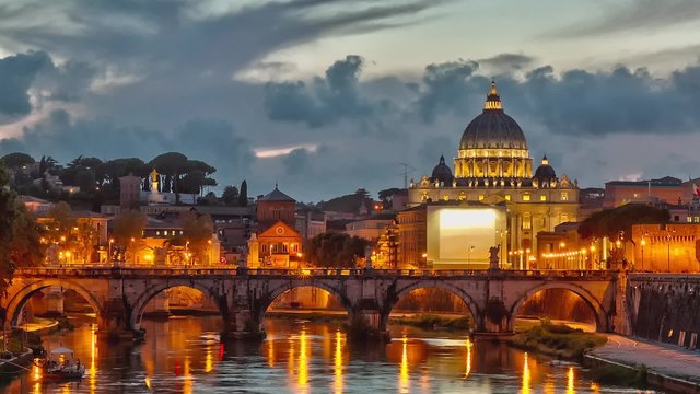 Time lapse of blue hour on Vatican with zoom effect
