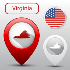 Set of Virginia state with flag america and map pointer