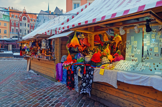 Christmas Market Stall In Riga With Lovely Souvenirs Displayed F