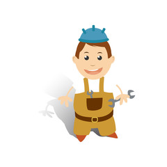 Happy builder with tools and helmet.