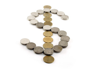 closeup stack of silver and brass thai baht coins arranged in dollar currency symbol isolated on white background, business currency exchange concept