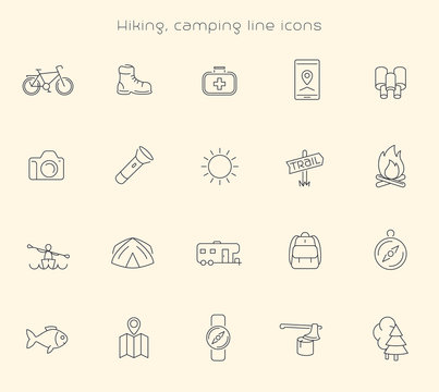 Hiking, Camping, Trekking, Adventure thin line icons, vector illustration