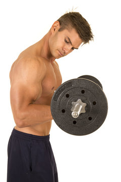 shirtless strong man side curl barbell turn head to side