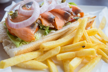 Sandwich tuna with french fries, selective focus point