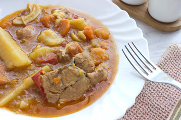 Chicken stew with potatoes in plate on white table