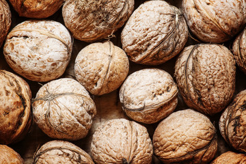 Walnuts, food background, top view