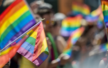 GayPride spectators carrying Rainbow gay flags during Montreal Pride Parade