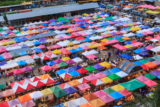 Top view of colourful flea market at night