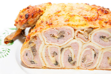 Cooked chicken, stuffed pancakes, minced chicken, mushrooms and cheese