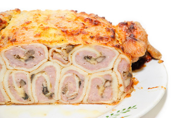 Cooked chicken, stuffed pancakes, minced chicken, mushrooms and cheese