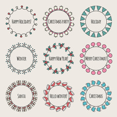 Set of 2016 Christmas season hand drawn vector line border and