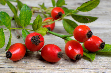 Rosehips on an old wooden table