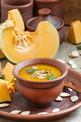 Pumpkin soup with oil and seeds in a clay bowl in a rustic style