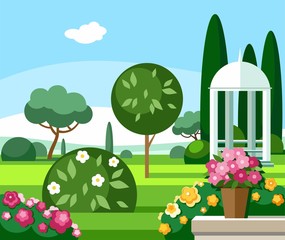 A blooming garden with a white gazebo, coloured illustrations. 