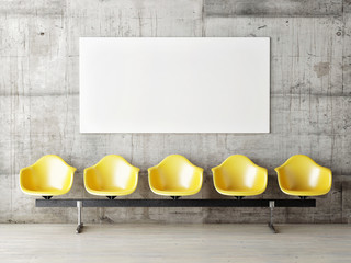 Waiting room with poster, five yellow chairs, 3d render