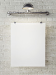 Mock up poster on white brick wall, retro style, 3d render