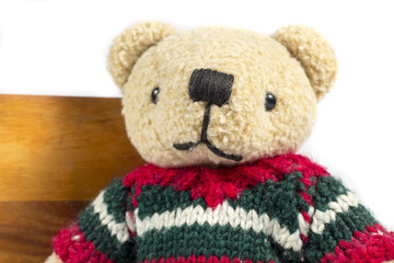 Close-up of teddy bear with wool coat
