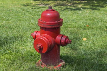 Red fire hydrant on a lawn.