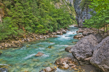 Fototapeta na wymiar Mountain river flowing by the gorge