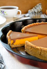 Homemade pumpkin pie with chocolate topping