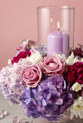 Floral arrangement with roses, peonies and hortensias.