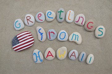 Greetings from Hawaii, souvenir on carved and colored stones