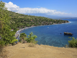Scenic view of a Amed Bay in Bali with the volcano Mount Agung