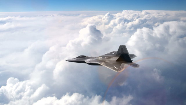 Военный самолет F-22 летит в небе над облаками. В видео содержится настоящий звук летящего самолета.