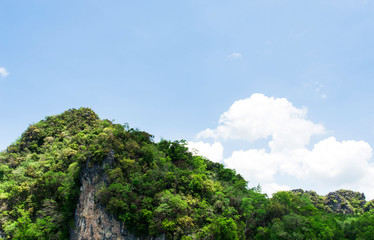 Mountain forest and sea water on White cloud on blue sky