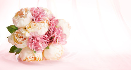 Wedding bouquet. Invitation card. Birthday card. with pink curtain background. 