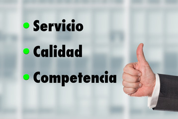 Business man holding a thumb up, Service-Quality-Competence