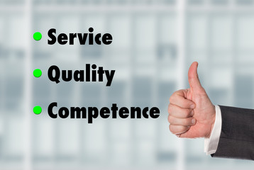 Business man holding a thumb up, Service-Quality-Competence