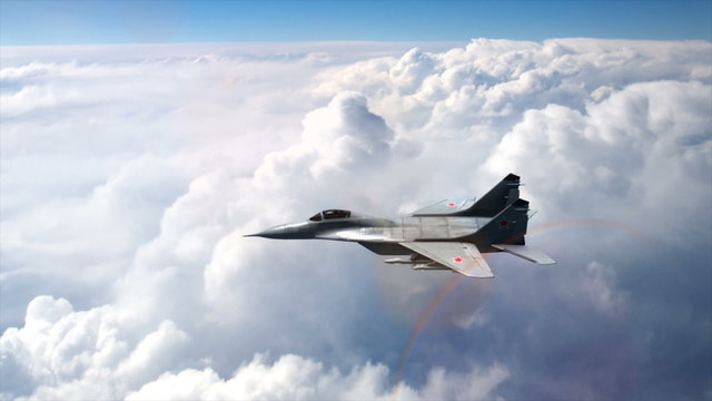 Российский истребитель МИГ-29 летит, а затем пикирует для атаки