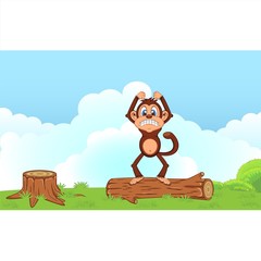 Angry Monkey Cartoon standing on the wood in a garden