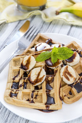 Waffles with Bananas and Chocolate Sauce