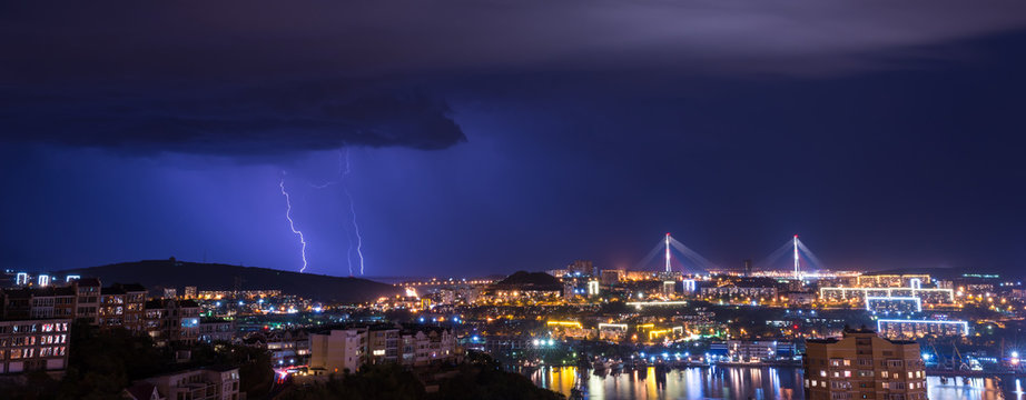 Lightning storm over city.